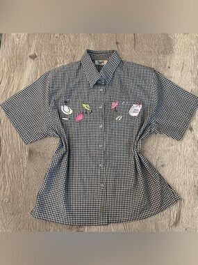 Vintage Keneth Too ! Black & White Gingham Button-Up Shirt with Cute Patches